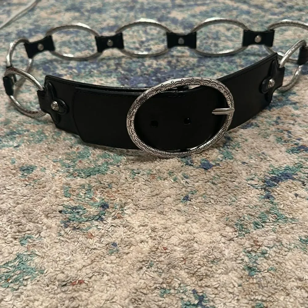 Brighton Black Leather Silver Large Chain Loop Belt Size 34